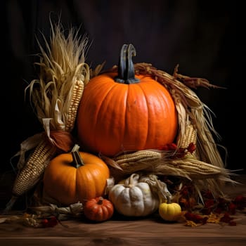 Harvest from the field; pumpkins, corn on wooden table top, dark background. Pumpkin as a dish of thanksgiving for the harvest. An atmosphere of joy and celebration.