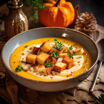 Pumpkin soup in a bowl with croutons and spiced leaves. Pumpkin as a dish of thanksgiving for the harvest. An atmosphere of joy and celebration.