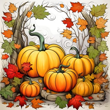 Illustration of pumpkins and autumn leaves around the vines of tree roots. Pumpkin as a dish of thanksgiving for the harvest. An atmosphere of joy and celebration.