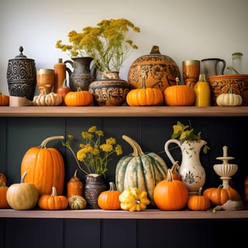 Two shelves in the house, and on them different types, sizes, colors of pumpkins and flowers. Pumpkin as a dish of thanksgiving for the harvest. An atmosphere of joy and celebration.