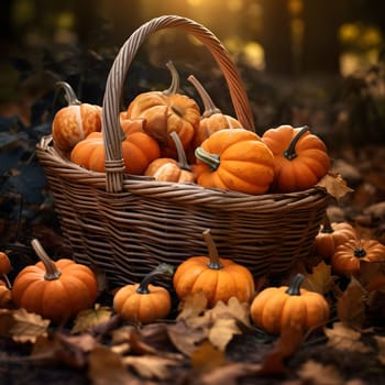 A wicker basket with small pumpkins, around dry autumn leaves, in the background the Smashed Forest. Pumpkin as a dish of thanksgiving for the harvest. An atmosphere of joy and celebration.