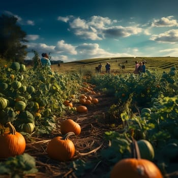 Workers working in a pumpkin field. Day. Pumpkin as a dish of thanksgiving for the harvest. An atmosphere of joy and celebration.