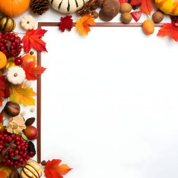 A frame embellished with pumpkins, harvest and leaves against a light background forms an elegant and visually appealing composition.