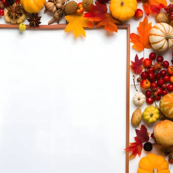 A frame embellished with pumpkins, harvest and leaves against a light background forms an elegant and visually appealing composition.