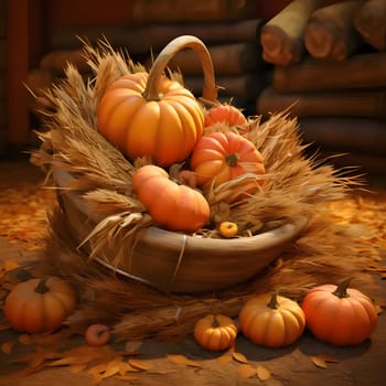Basket with harvested grain and pumpkins around logs of wood. Pumpkin as a dish of thanksgiving for the harvest. An atmosphere of joy and celebration.