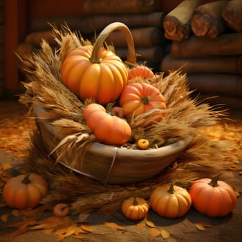 On wooden boards, barn orange pumpkins, autumn scattered leaves, wicker baskets, and in them grain and pumpkins. Pumpkin as a dish of thanksgiving for the harvest. An atmosphere of joy and celebration.