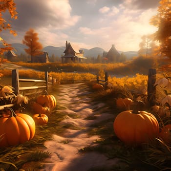 Path to the pumpkin field, with farms in the background. Pumpkin as a dish of thanksgiving for the harvest. An atmosphere of joy and celebration.