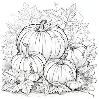Pumpkins and leaves black and white coloring book. Pumpkin as a dish of thanksgiving for the harvest, picture on a white isolated background. Atmosphere of joy and celebration.