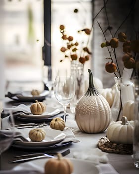 Elegantly set table with candles and white pumpkins. Pumpkin as a dish of thanksgiving for the harvest. An atmosphere of joy and celebration.