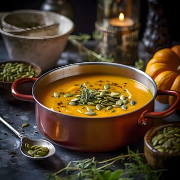 Pumpkin soup in a pot with seeds, around pumpkins, spices. Pumpkin as a dish of thanksgiving for the harvest. An atmosphere of joy and celebration.