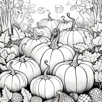 Black and white coloring book, a dozen pumpkin leaves. Pumpkin as a dish of thanksgiving for the harvest, picture on a white isolated background. Atmosphere of joy and celebration.