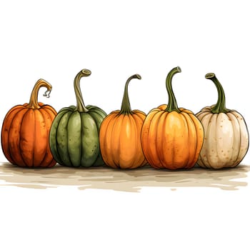 Illustration of five pumpkins arranged in a row. Pumpkin as a dish of thanksgiving for the harvest, picture on a white isolated background. Atmosphere of joy and celebration.