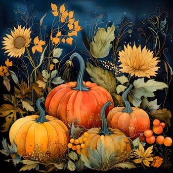 Illustration; pumpkins flowers rowan on dark background. Pumpkin as a dish of thanksgiving for the harvest. An atmosphere of joy and celebration.