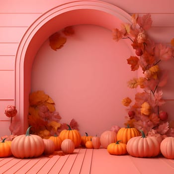 Elegant scenery with pumpkins and autumn leaves. Pink color. Pumpkin as a dish of thanksgiving for the harvest. An atmosphere of joy and celebration.