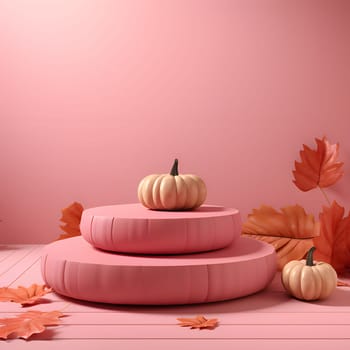 Elegant scenery with pumpkins and autumn leaves. Pink color. Pumpkin as a dish of thanksgiving for the harvest. An atmosphere of joy and celebration.