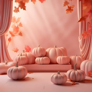 Elegant scenery with curtains, pumpkins and autumn leaves. Pumpkin as a dish of thanksgiving for the harvest. An atmosphere of joy and celebration.