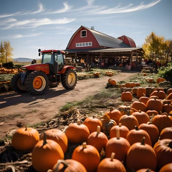 Lying pumpkins in front of a modern farm building driving tractor. Pumpkin as a dish of thanksgiving for the harvest. An atmosphere of joy and celebration.