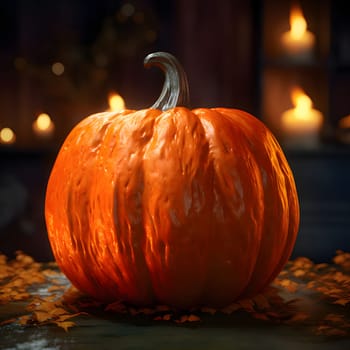 3D pumpkin on dark isolated smudge with candles background. Pumpkin as a dish of thanksgiving for the harvest. An atmosphere of joy and celebration.