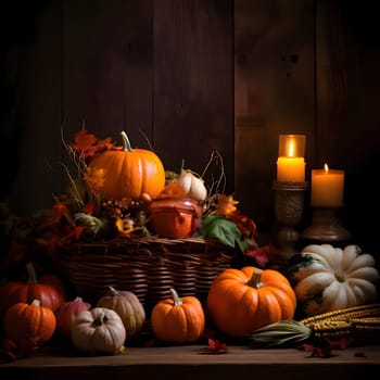 Wicker basket with rowan leaves, colorful days, next to candles corn, wooden boards in the background. Pumpkin as a dish of thanksgiving for the harvest. An atmosphere of joy and celebration.