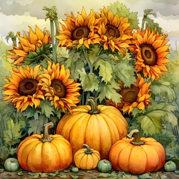 Illustration, sunflowers and pumpkins under them. Pumpkin as a dish of thanksgiving for the harvest. An atmosphere of joy and celebration.