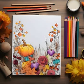 Wooden desk and on it colored pencils and a drawing of pumpkin flowers leaves harvest from the field on a white sheet. Pumpkin as a dish of thanksgiving for the harvest. An atmosphere of joy and celebration.