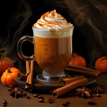 A cup of coffee with cream and a sprinkling of tiny pumpkins all around. Pumpkin as a dish of thanksgiving for the harvest. An atmosphere of joy and celebration.