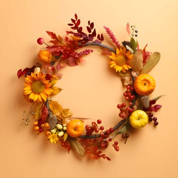 Flower crown, round frame with autumn flowers, harvest, leaves and rowan fruit, banner with space for your own content. Orange background. Blank space for caption.