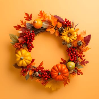 Flower crown, round frame with autumn flowers, harvest, leaves and rowan fruit, banner with space for your own content. Orange background. Blank space for caption.
