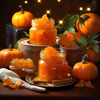 Jelly and Pumpkin Mousses in glass jars around pumpkin leaves. Pumpkin as a dish of thanksgiving for the harvest. An atmosphere of joy and celebration.