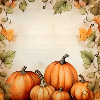 A paper frame embellished with pumpkins and leaves against a light background forms an elegant and visually appealing composition.