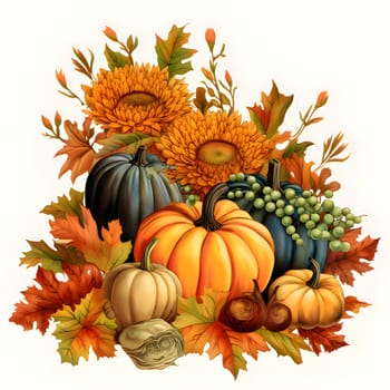 Illustration of elegantly arranged harvest from the field, sunflowers, grapes, pumpkins, autumn leaves. Pumpkin as a dish of thanksgiving for the harvest, picture on a white isolated background. An atmosphere of joy and celebration.