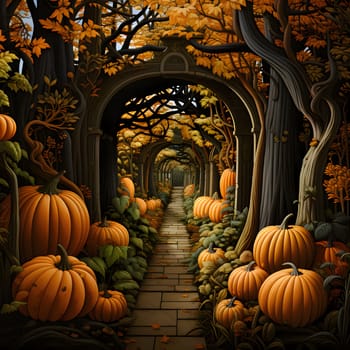 A small alley in the garden all around pumpkins vines trees leaves. Pumpkin as a dish of thanksgiving for the harvest. An atmosphere of joy and celebration.
