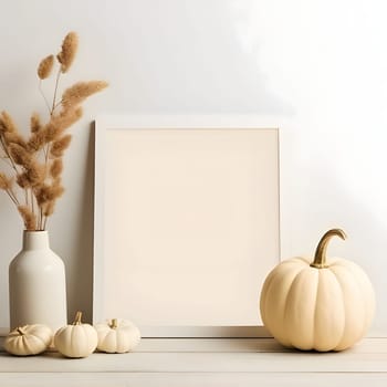 A white blank sheet of paper, pumpkins, leaves create a minimalist and stylish composition.