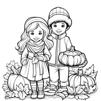 Black and White coloring book on it smiling children; boy and girl with pumpkins, leaves around. Pumpkin as a dish of thanksgiving for the harvest. An atmosphere of joy and celebration.