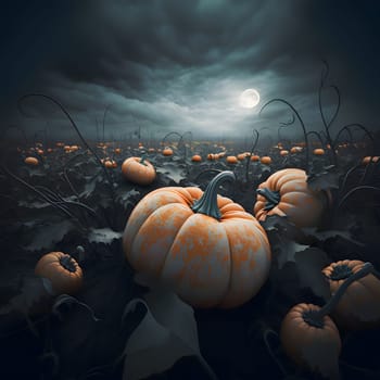 An abandoned pumpkin field at midnight pumpkins darkness. Darkness. Pumpkin as a dish of thanksgiving for the harvest. An atmosphere of joy and celebration.