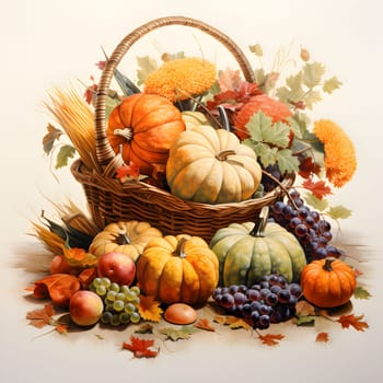 Wicker basket full of grape pumpkin leaves. Pumpkin as a dish of thanksgiving for the harvest, picture on a white isolated background. An atmosphere of joy and celebration.