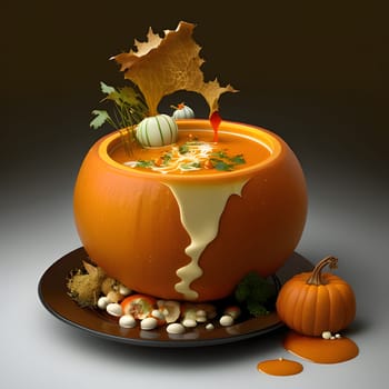 Carved pumpkin with pumpkin soup on a plate dark background. Illustration. Pumpkin as a dish of thanksgiving for the harvest. An atmosphere of joy and celebration.
