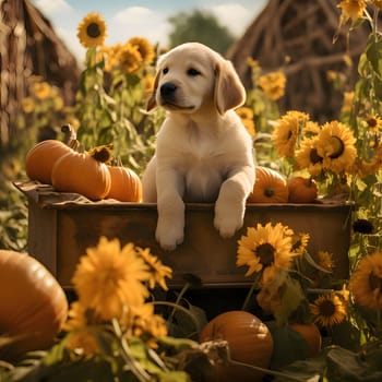 A tiny dog in a wooden box around sunflowers and pumpkins and sunshine. Pumpkin as a dish of thanksgiving for the harvest. An atmosphere of joy and celebration.