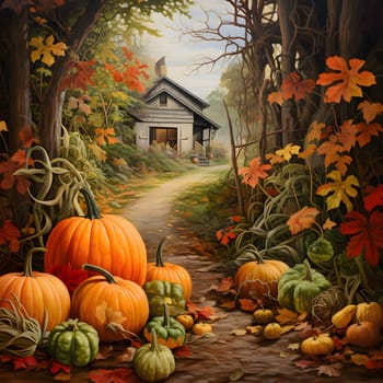 Forest path to the wooden house around the pumpkins leaves vine. Pumpkin as a dish of thanksgiving for the harvest. An atmosphere of joy and celebration.