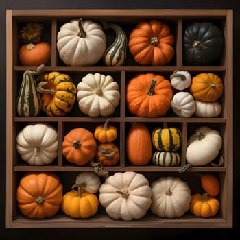 Wooden shelves, and on them arranged colorful pumpkins. Pumpkin as a dish of thanksgiving for the harvest. An atmosphere of joy and celebration.