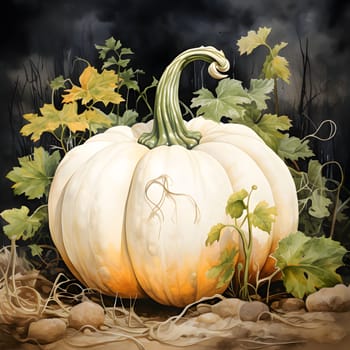 White pumpkins around leaves, black dark background. Pumpkin as a dish of thanksgiving for the harvest. An atmosphere of joy and celebration.