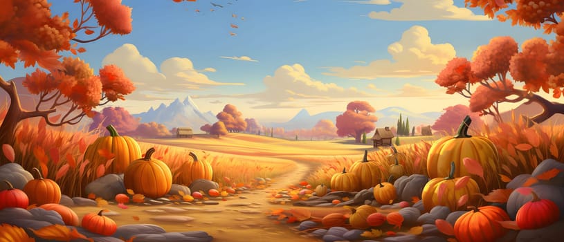 Fairy tale illustration; pumpkins flowers fields with mountains in background. Banner. Pumpkin as a dish of thanksgiving for the harvest. An atmosphere of joy and celebration.