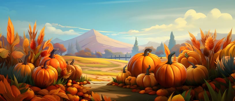 Fairy tale illustration; pumpkins flowers fields with mountains in background. Banner. Pumpkin as a dish of thanksgiving for the harvest. An atmosphere of joy and celebration.
