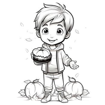 Black and White coloring book, boy with pumpkin pie in hand. Pumpkin as a dish of thanksgiving for the harvest, picture on a white isolated background. An atmosphere of joy and celebration.