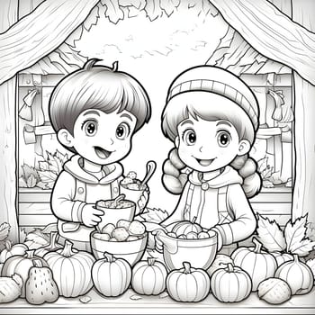 Black and White coloring book, boy and girl around pumpkins in a barn. Pumpkin as a dish of thanksgiving for the harvest, picture on a white isolated background. An atmosphere of joy and celebration.