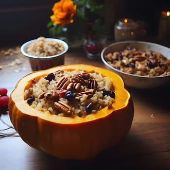 Stuffed pumpkin with rice and nuts. Pumpkin as a dish of thanksgiving for the harvest. An atmosphere of joy and celebration.