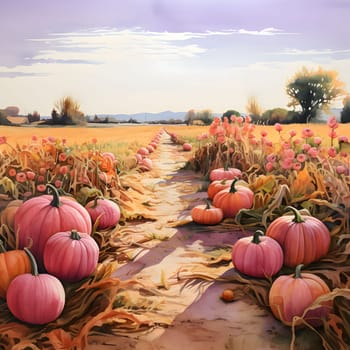 Illustration; pumpkin field around pink and orange painted pumpkins. Pumpkin as a dish of thanksgiving for the harvest. An atmosphere of joy and celebration.
