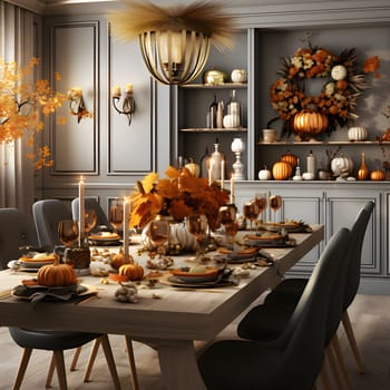 View of a room with an elegantly set table for a Thanksgiving feast. Pumpkin as a dish of thanksgiving for the harvest. An atmosphere of joy and celebration.