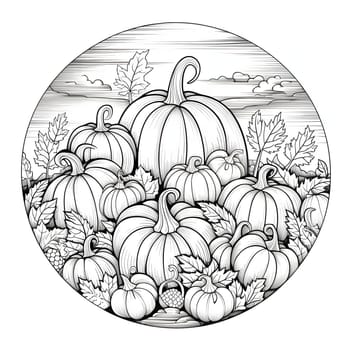 Black and white coloring book in a circle pumpkins and leaves. Pumpkin as a dish of thanksgiving for the harvest, picture on a white isolated background. An atmosphere of joy and celebration.