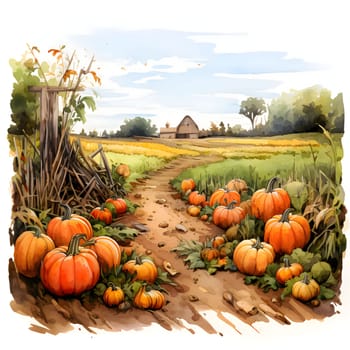 Painted illustration of pumpkins and a field in the background. Pumpkin as a dish of thanksgiving for the harvest. An atmosphere of joy and celebration.